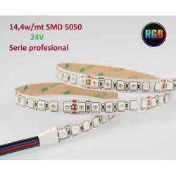 Tira LED Flexible 24V 14,4W/mt 60 Led/mt SMD 5050 IP20 RGB, Serie Profesional, venta por metros